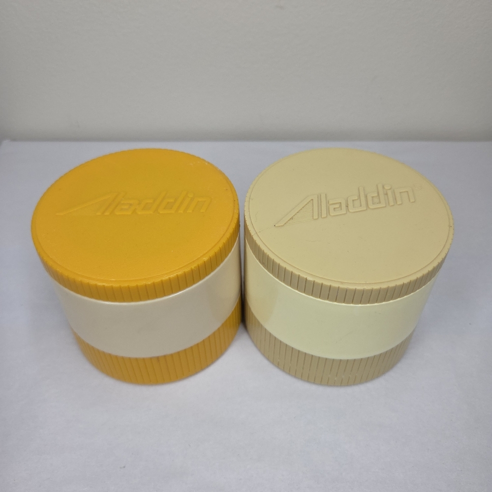 Vintage Aladdin Model 7000 Insulated Thermo Jar Freezer Cold Yellow Tan Lot Of 2